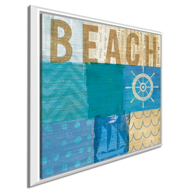 «Beachscape Collage IV», art textuel, H 31,5 po x l 31,5 po x P 2 po, Cadre flottant blanc