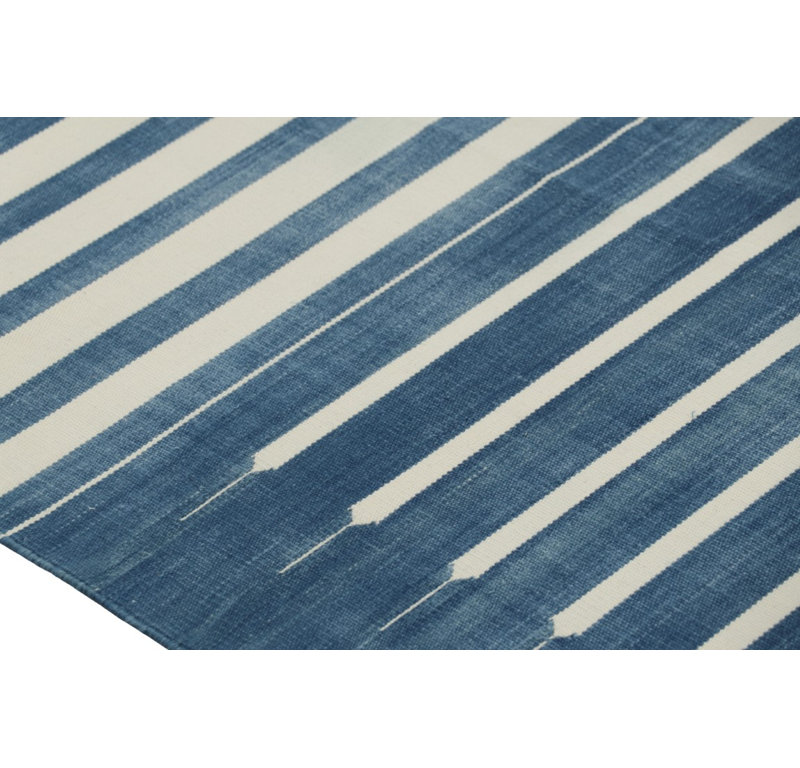 Rug & Kilim’S Contemporary Dhurrie Rug In Dark Blue And White Stripes, Rectangle 10' x 14'