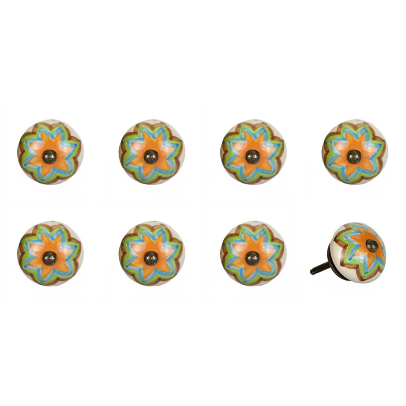 Set of Eight Blue And Orange Ceramic And Metal Drawer Pull Knobs