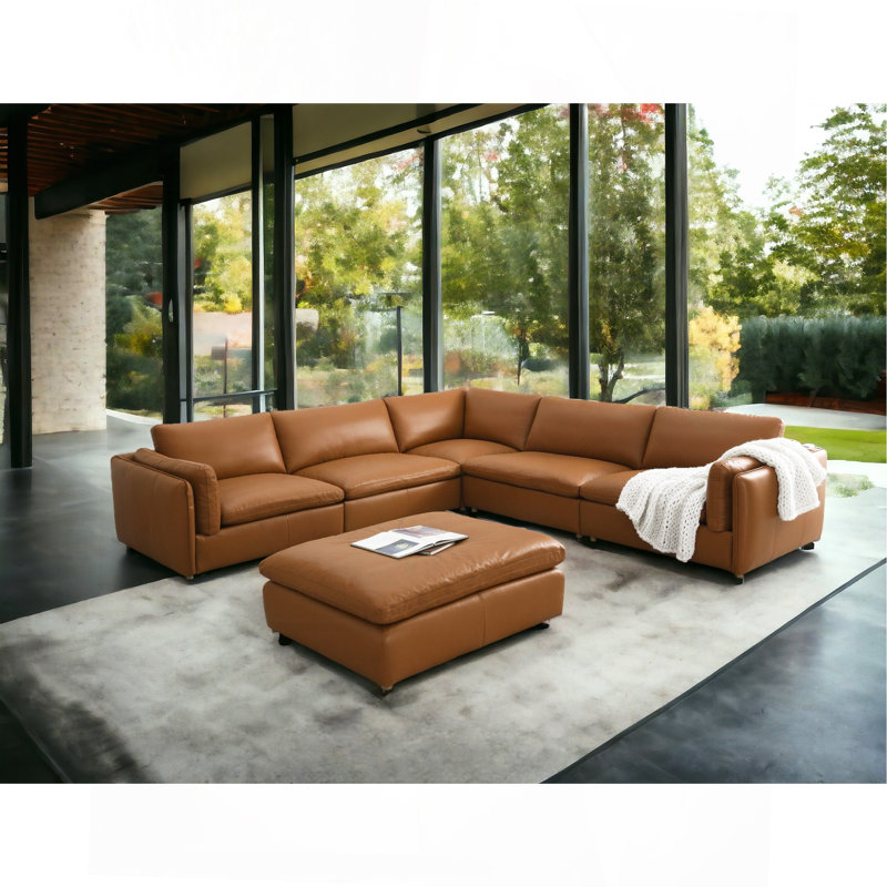 Canapé modulaire en cuir fleur 6 pièces avec 1 repose-pieds