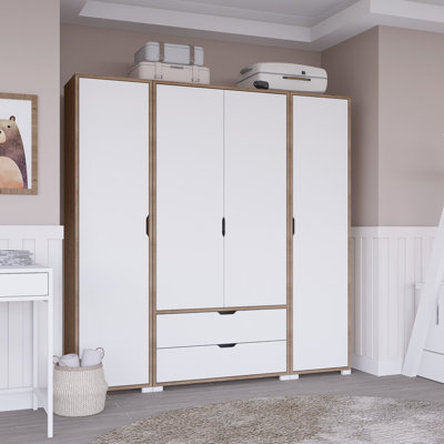 Modern Wardrobe with Numerous Shelves, Light Walnut & White Finish, 67.0 x 72.0 x 17.7 inches | 100% Melamine Coated Particle Board, Stylish & Functional Storage Solution, Wall-Mountable Design for Space Efficiency