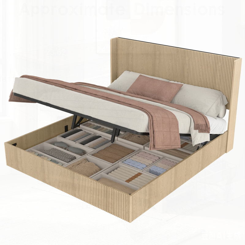 Large Concave-Structured Undulating Storage Bed Frame with Lifting Function, Wooden Platform for Quiet and Efficient Space Utilization