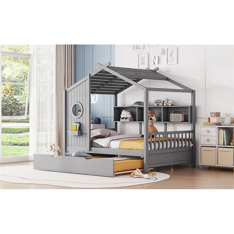 Lit en bois avec couchette, Gris, Lit double
