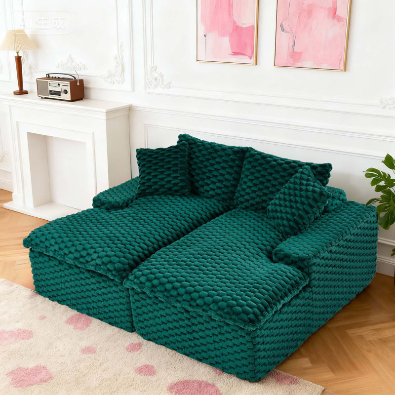 Canapé-lit entièrement rembourré en velours vert, chaise longue à deux places et méridienne, Vert