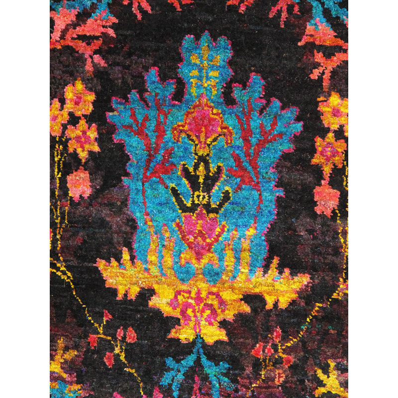 Tapis rose / noir / bleu / jaune en soie noué à la main Elegance Ikat Sari