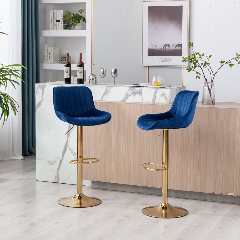 Chrome Footrest And Base Swivel Height Adjustable Mechanical Lifting Velvet + Golden Leg Simple Bar Stool,Set Of 2,Navy