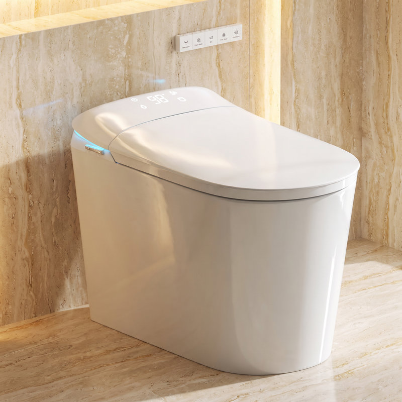 Toilettes bidet intelligentes allongées avec télécommande et couvercle à ouverture automatique, siège chauffant, séchoir à air chaud et double chasse d'eau.