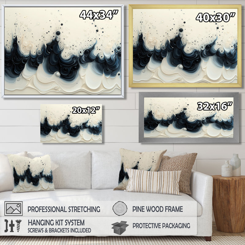 Coggeshall, vague blanche et noire, volcan rythmique IV - goutte, peinture, art mural, H 24 po x l 32 po, Blanc