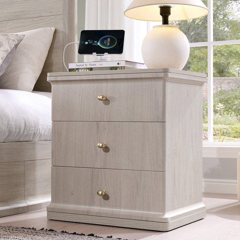Abarca 23.6" Tall Modern Nightstand with Charging Station, 21.65" Wide Wood Bedside Table w/3 Storage Drawers, Large Mid Century End Table for Bedroom,Cream