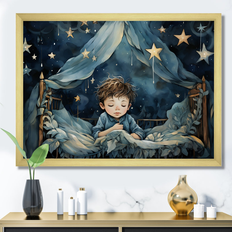 Childs Moonlight Nursery 2 - Art mural de chambre de bébé, Cadre doré à coins fermés, H 16 po x l 32 po x P 1 po
