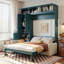 Lit escamotable avec canapé et tablettes, panneau vert et canapé beige Maryanna-387614260