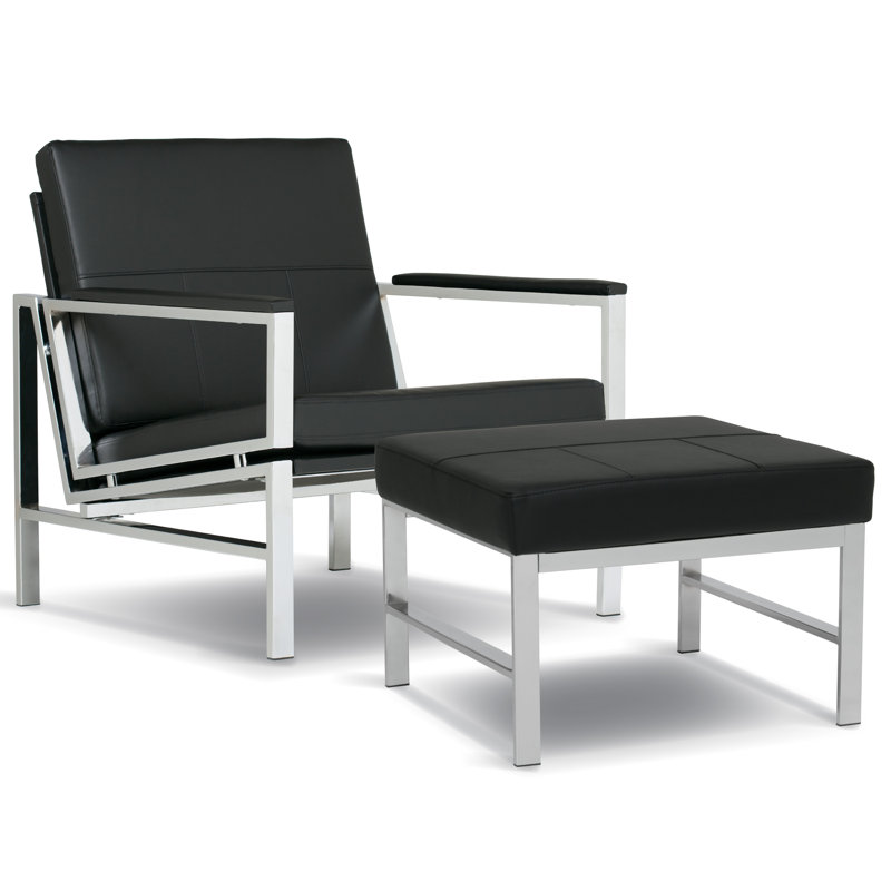 Faux Leather Armchair with Ottoman, Black Faux Leather