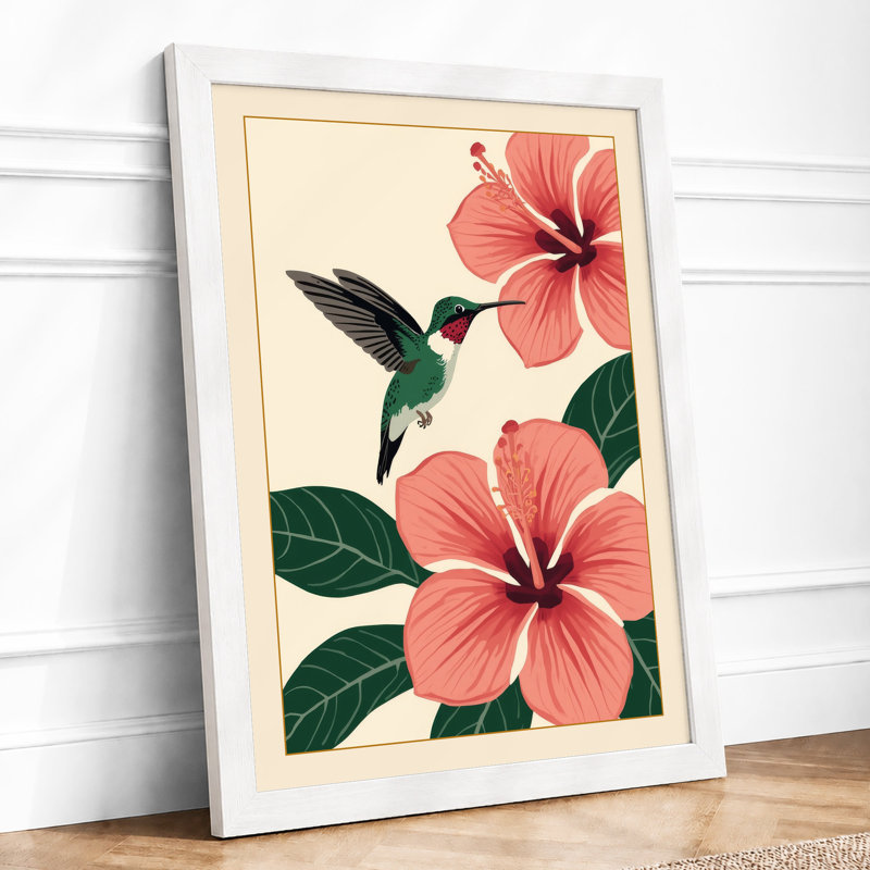 Hummingbird and Hibiscus Botanical - Framed Print, A1 - 84.1 x 59.4 cm, White