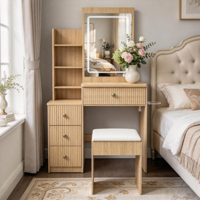 Modern Vanity Makeup Desk with LED Mirror, Chair, 4 Drawers