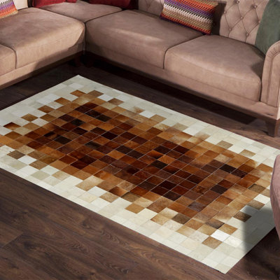 Beige And Brown Ombre Patchwork Calfskin Rug
