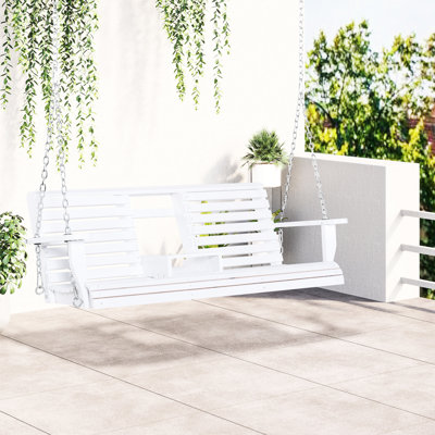 Balancelle de patio blanche 3 places avec table basse pliante, porte-gobelets et banc en bois, capacité de charge de 200 kg, idéale pour une véranda ou un jardin.