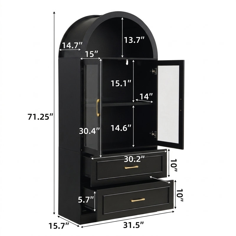 Vaisselier arqué 71,25 po de hauteur avec portes en verre trempé et 2 tiroirs, Noir