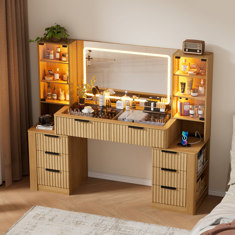 59" Large Makeup Vanity With Led Lights And 3 Light Modes, 8 Drawers and Power Outlet