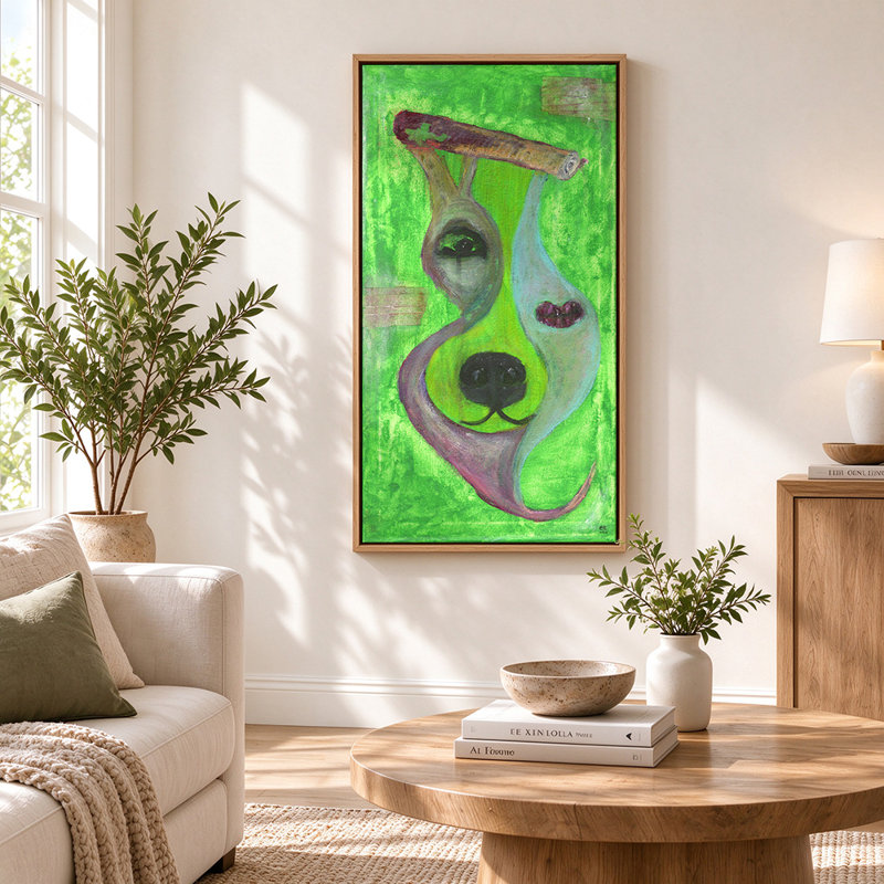 Tableau surréaliste représentant un visage de chien, H 58 po x l 28 po, Cadre en bois naturel