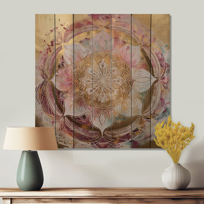 Rose Gold Mandala II - Boho Mandala Print on Natural Pine Wood