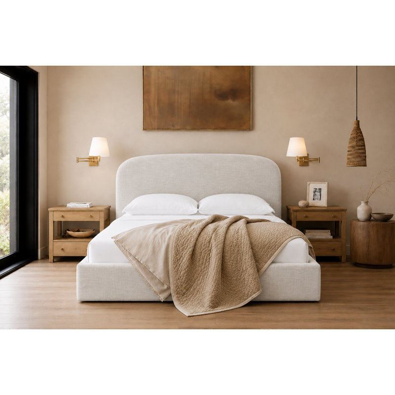 Kaiser Mid-Century Upholstered Platform Bed, White Linen, King