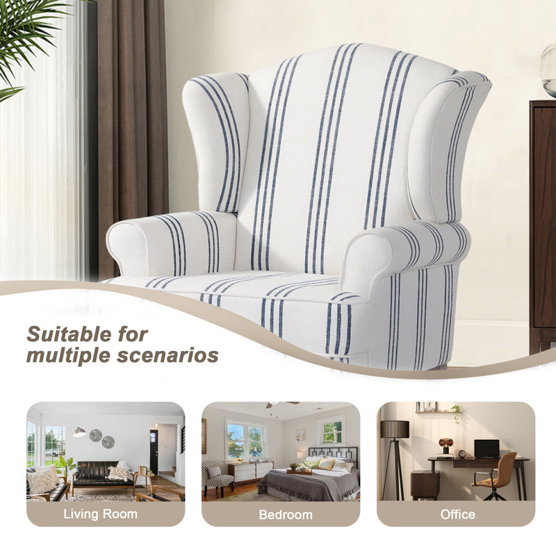 Dokun Berio 79 Cm Wide Linen Wingback Chair, Stripe Navy Linen