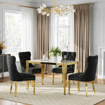 5-Piece Dining Table Set, 48" White Marble-Pattern Glass Table, 4 Velvet Chairs, Stainless Steel Frame, Kitchen & Living Room Furniture Set