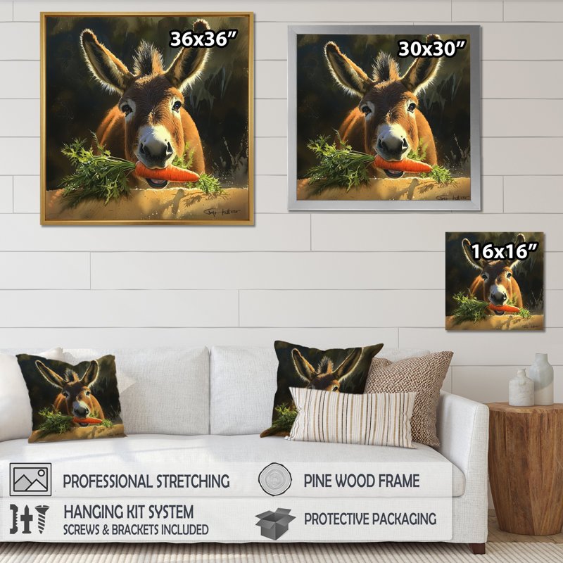 «Whimsical Donkey Carrot» - impression murale d'âne, Reproduction avec cadre flottant, Noir, H 16 po x l 16 po