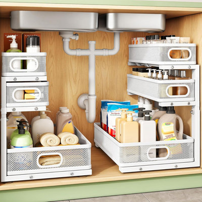 Under Sink Organizer 2-Pack – 3-Tier – Height Adjustable Thickened Metal Pull-Out Cabinet Shelves, Slide-Out Storage Rack For Kitchen, Bathroom, Pantry & Laundry Organization