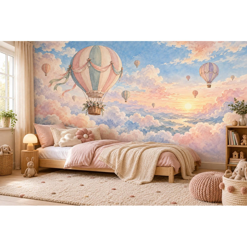Dreamy Clouds Wallpaper Mural, Peel and Stick Kids Room Wall Mural, Watercolor Hot Air Balloon Nursery Wallpaper
