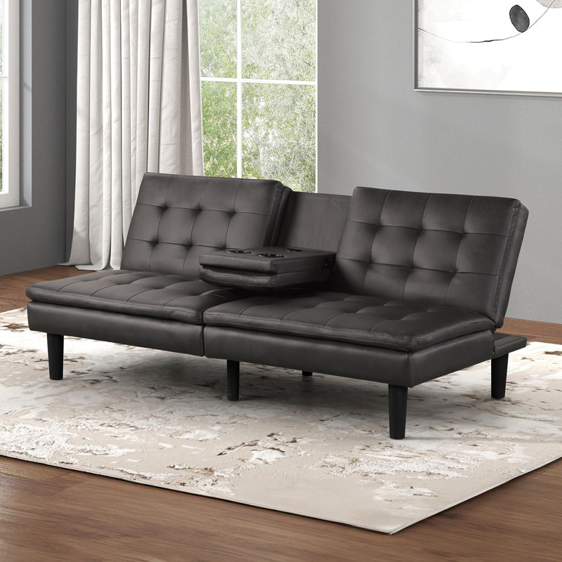 Contemporain, gris, futon, convertible en lit, capitonnage biscuit, table rabattable, siège et dossier de chargement A et C, chargeurs doubles