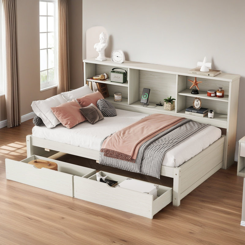 Twin Size Bed Frame With Side Bookshelves, Two Drawers, And Built-In USB Port, Creamy