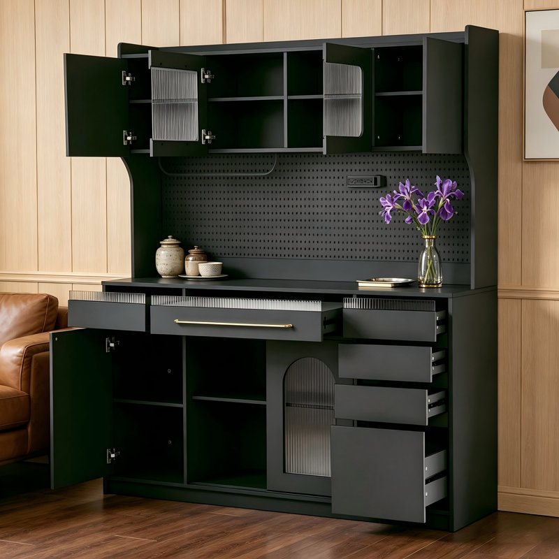 Black Light-Luxury 63-Inch Coffee Bar Cabinet — Featuring Multiple Drawers And Compartments, Built-In Power Outlets, Towel Rack, And Adjustable Shelves.