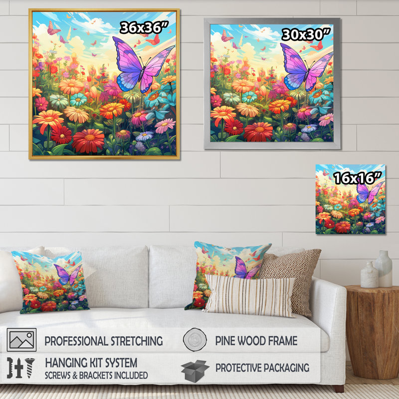 Mauve Butterfles, champ de fleurs arc-en-ciel idyllique I, 16" H x 16" W, Cadre flottant blanc