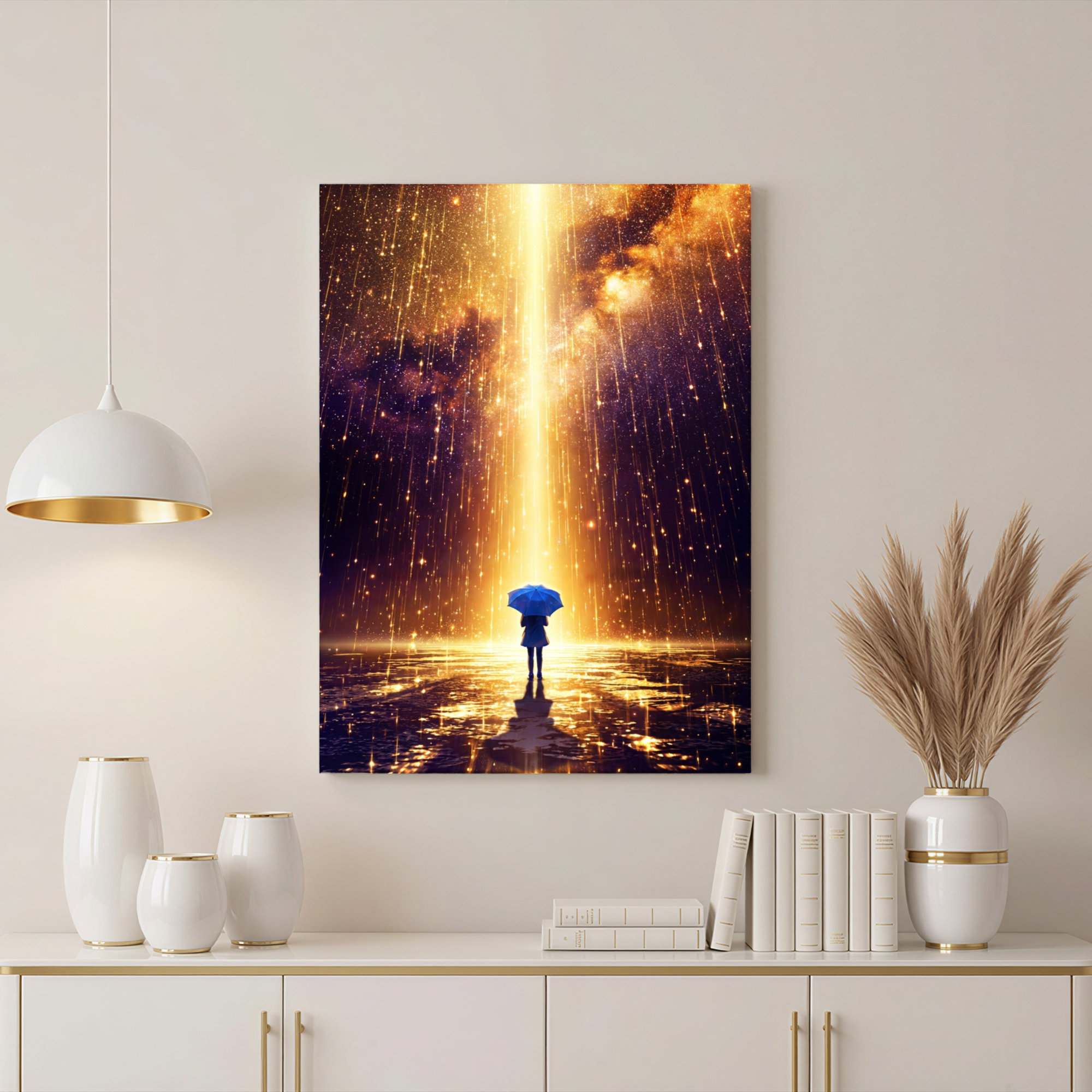Mercer41 Golden Light Rainfall With Umbrella Figure Canvas Wrapped Wall ...