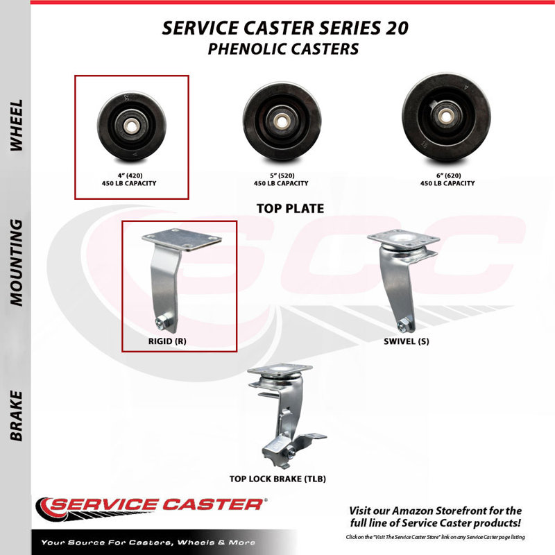 4 Inch Phenolic Caster Set with Ball Bearings 2 Swivel 2 Rigid SCC