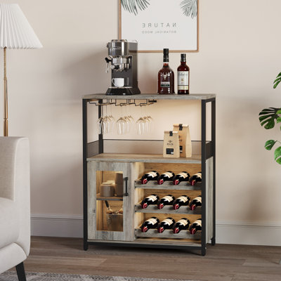 Wine Bar Cabinet with LED Light 36''H Coffee Bar Cabinet with Detachable Wine Rack and Glass Holder Kitchen Buffet Sideboard w/Storage Shelf Freestanding Liquor Cabinet for Living Room