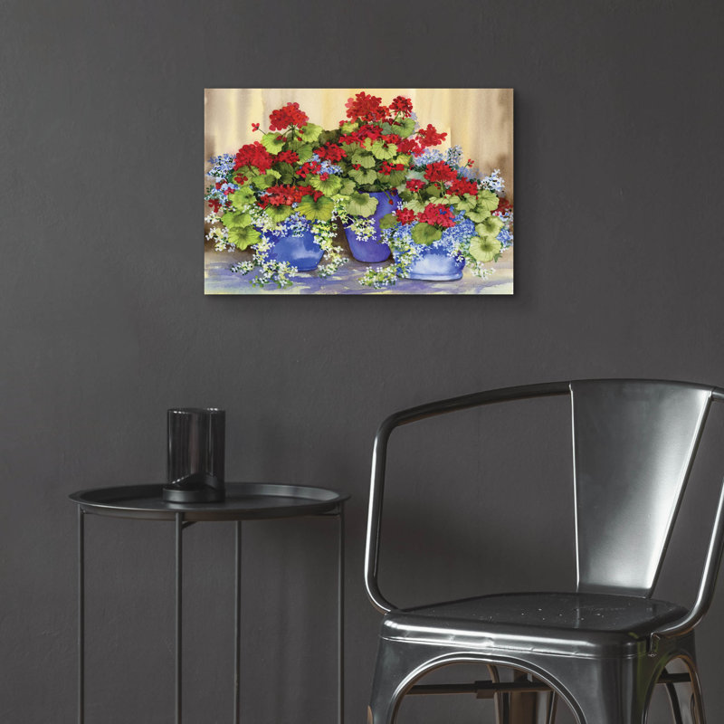 Art mural en verre acrylique épique «Red Geraniums with the Blues» par Kathleen Parr, 24 po x 16 po, H 16 po x l 24 po