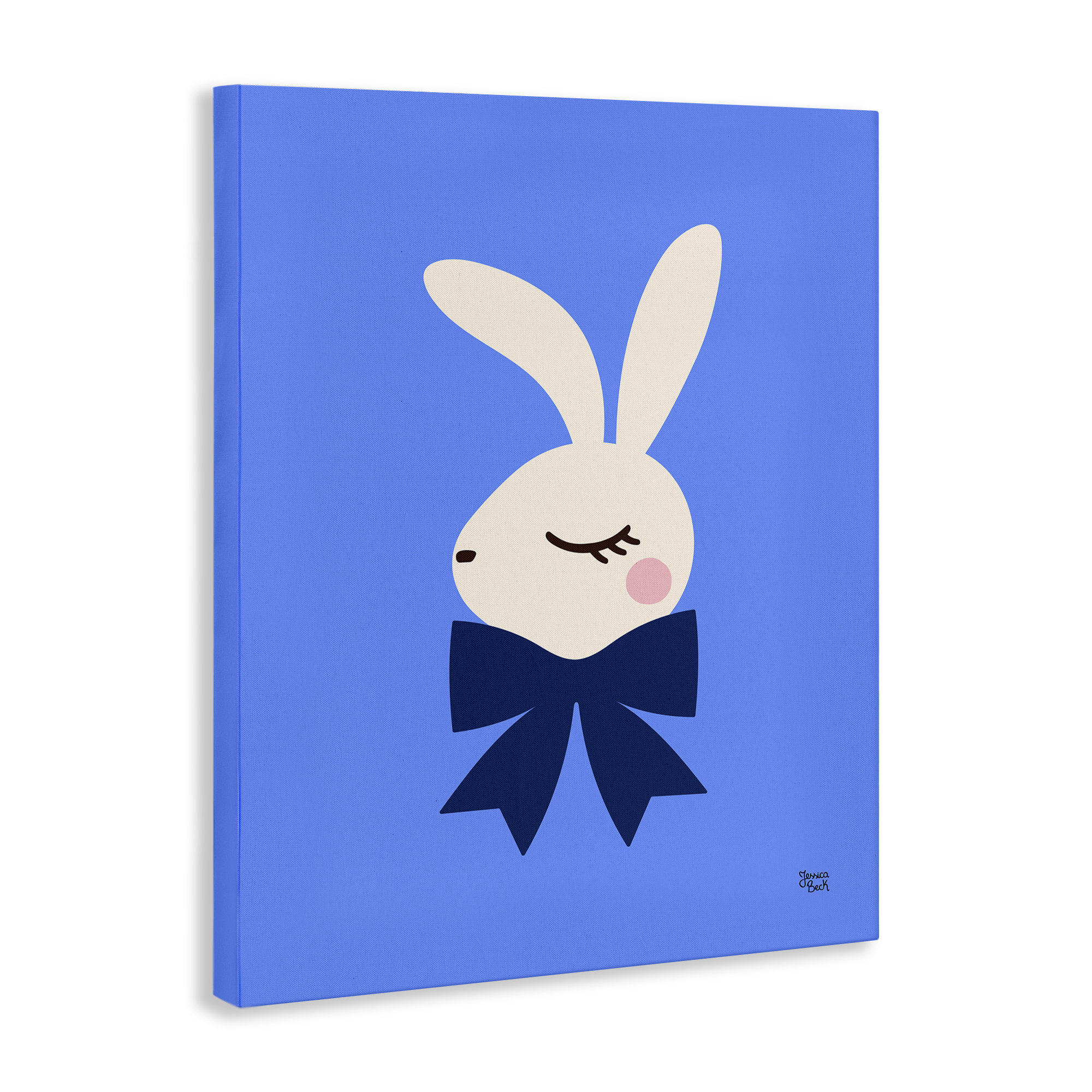 Trinx Rabbit with Ribbon on Blue Canvas Wall Art by Jessica Beck | Wayfair