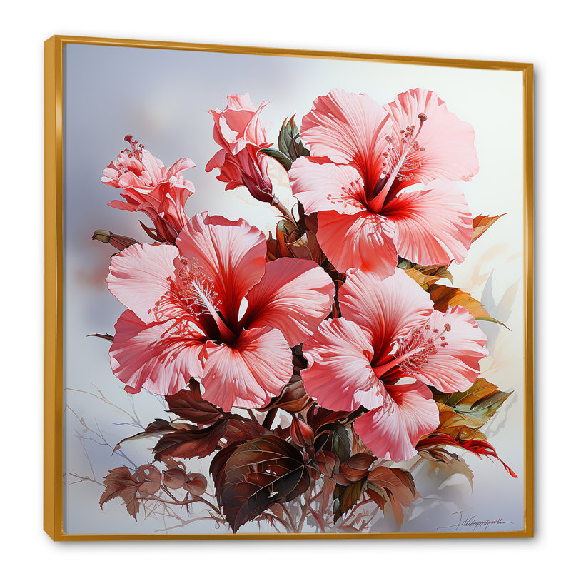 «Farmhouse Pink Hibiscus Charm» sur impression sur toile, Cadre flottant doré, H 30 po x l 30 po x P 1 po
