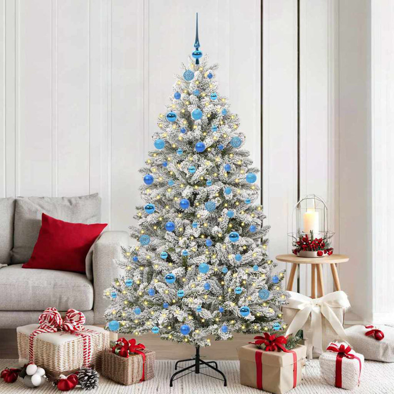 Artificial Christmas Tree Green and White PVC and Metal, Green/White, 270 cm, with Leds & Blue Balls