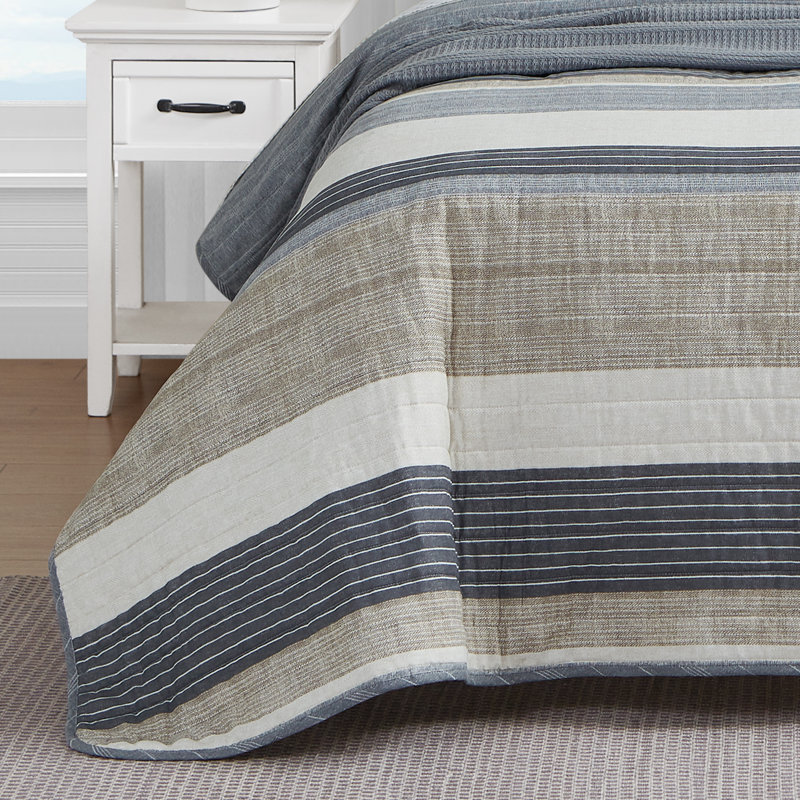 Nautica Ridgeport Cotton Reversible Quilt Set, King Quilt + 2 King Shams, Taupe Striped