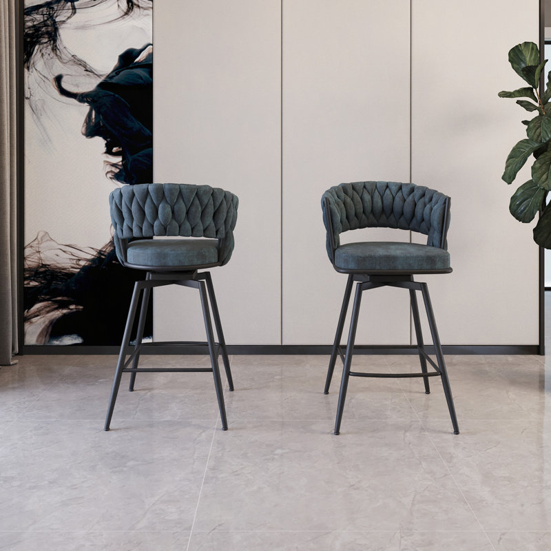 Ensemble de 2 tabourets de bar en suède tressé, pattes ajustables, pour îlot de cuisine. Tabourets de bar pivotants à 360°, rembourrés, avec repose-pieds et dossier.