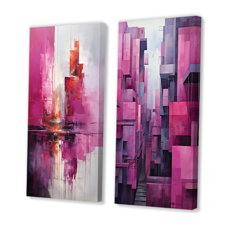 Fuchsia façades gratte-ciel horizon - ensemble de 2 impressions sur toile gratte-ciel, Toile tendue, H 28 po x l 25 po