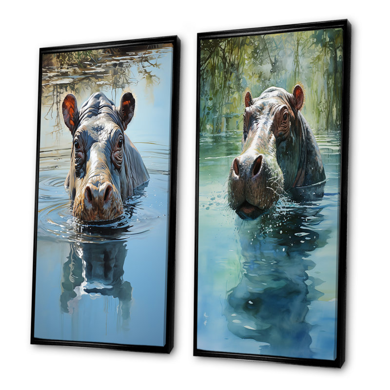 Gris puissant Hippo Waters Reflect I - Hippopotamus, ensemble de 2 reproductions d'art mural, Cadre flottant noir