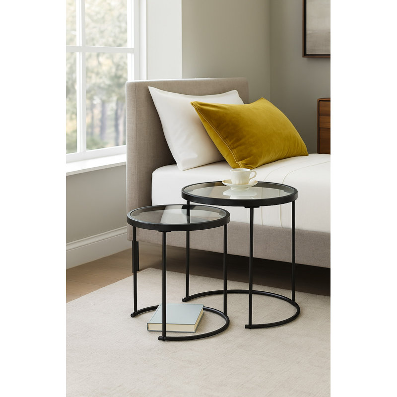 Middlewich Glass Top Frame Nesting Tables, Clear Glass, Brown