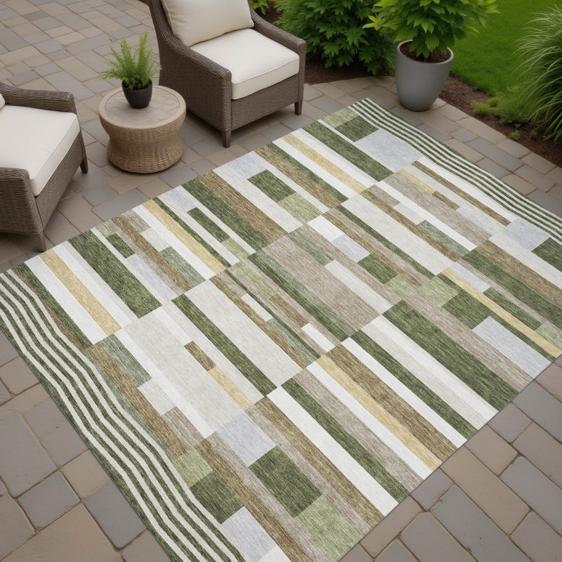 Machine Washable Indoor/Outdoor Chantille ACN2820 Stripes Rug, Olive, 5' x 7'6"