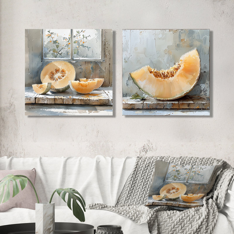 Melon dans les tons orange et gris I - Art mural Melon - Décoration murale traditionnelle 2 pièces, Toile tendue