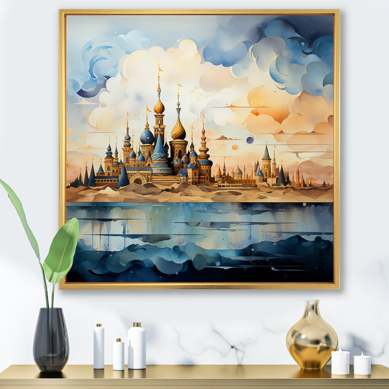 Mosquée bleue et jaune «Oasis», art mural, Cadre flottant doré, H 36 po x l 36 po x P 1,5 po