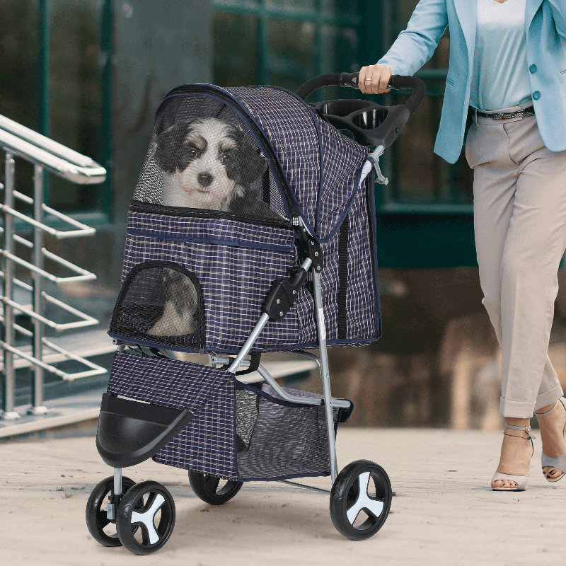 Plaid Foldable Dog Stroller with Storage and Cup Holder